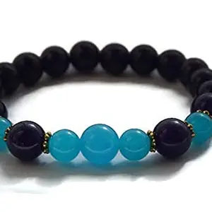 LKBEADS Natural Amethyst & Blue Topaz 8-10mm Round Shape Smooth Cut Beads 8 inch Stretchable Bracelet for Men & Women|STBR_RR_00460_80