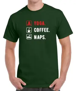 Caseria Men's Cotton Graphic Printed Half Sleeve T-Shirt - Yoga Naps Coffee (Bottel Green, XL)