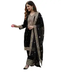 JIYA'S Collection Women Eid Special Fendy Silk Embroidered Kurta Palazzo Set with Dupatta