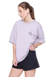 PLUSH PUSH THE FASHION Pure Cotton Oversized Baggy Fit Front & Back Printed Half Sleeve T-Shirt for Women |Round Neck Long line Drop Shoulder (2XL-Lavender)