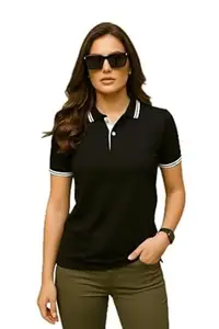 Dagcros Women's Polo T-Shirt, with White Striped Trim, Short Sleeve Collared Top Tshirt for Woman