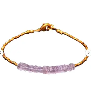 RRJEWELZ Rose Quartz Square Beaded Bracelet – Smooth 3-3.5mm Pink Stones with Gold Lock – 7 Inch Adjustable link Bracelet for Men & Women|LCBR_RR_05884