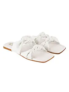 Shoetopia Knotted Straps Detailed White Flat Sandals For Women & Girls /UK4