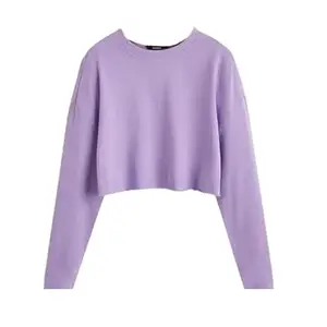 Women's Full Sleeve Crop Modern Fit T-Shirt, Cotton Blend (in, Alpha, Small, Purple)