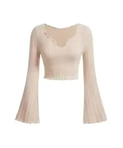 SILES FASHION Latest V-Neck Notched Flared Sleeve Top for Women | Stylish Polyester Long Sleeve Blouse for Casual Wear_450