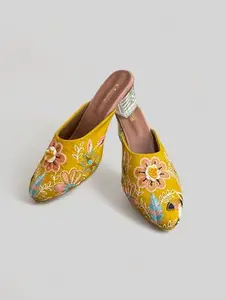 Kiana House OF Fashion Kiana Women's Yellow Emrodried Block heels(KIHEEL049-YLW-42)