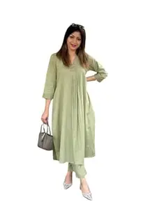 SOREN CRAFT Women's Cotton Plain Coard Set A-Line Straight Kurti with Pant