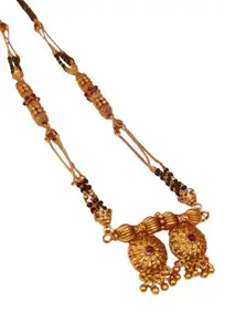 Bhargavi's Emitation- Mangalsutra Rajwadi Ganthan Designs Gold Plated Latest 2 Vati pink shade Pendant Black & Gold Beads 2 Layer Mangalsutra