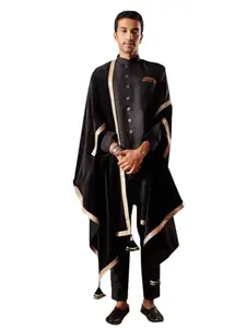 VASTRAMAY Men's Black Silk Blend Kurta, Pyjama & Dupatta Set