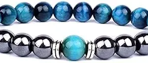 EDMIRIA Natural Tiger Eye & Hematite Semi Precious Stones Charm Reiki Chakra Healing Yoga Meditation Crystal 8mm Gemstones Beads Elastic Stretchable Bracelet for Men & Women (Blue Tiger Eye)