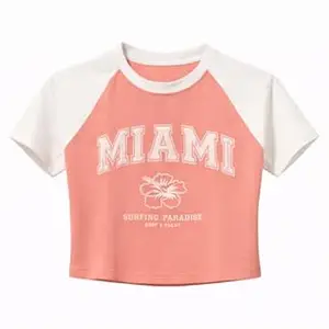 BADBEE Women's Miami Graphic Raglan Crop Top, Cotton, Slim Fit, Colour Block, Short Sleeve, Sporty Casual
