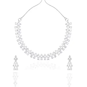 Sparkluxe Creations Silver-Toned White Cubic Zirconia & American Diamond studded Necklace and Drop Earrings Jewellery Set for women