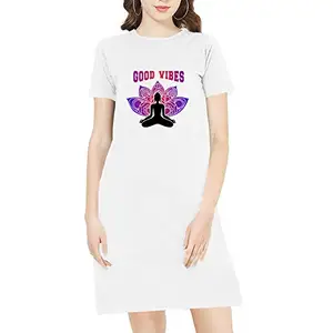 Pooplu Women's Regular Fit Knee Length Good Vibes Cotton Graphic Printed Round Neck Half Sleeves Fitness, Gym Tees, Pootlu Tops and Tshirts.(Oplu_White_X-Large)