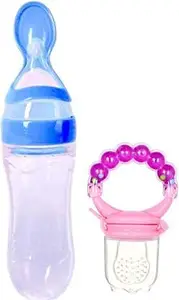 MOM'S PRIDE 90ML Newborn Baby Feeding Bottle | Toddler Silicone Squeeze Feeding Spoon Milk Cereal Training Feeder and Rattle Fruit feeder | (Set of 2) (Blue)
