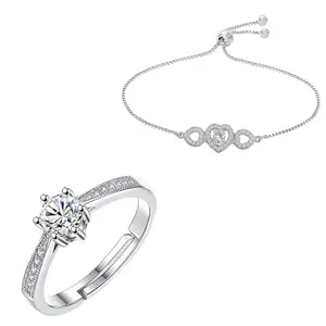I Jewels Silver Plated Cubic Zirconia Adjustable Bangle Kada & Solitaire Finger Ring For Women (ADB164S-FL163)