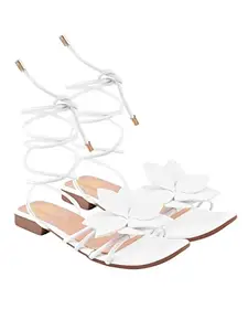 Shoetopia Elegant White Flat Sandals with Floral Detail | Chic Lace-Up Straps | Comfortable Summer Footwear for Women EU39