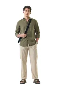 SNITCH Men Casual Trousers | Relaxed Fit Striped Design with Drawstring Waist | Breathable Polyester Cotton Linen Blend & Smooth Texture for Everyday Comfort |Beige