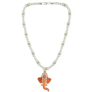 University Trendz Handmade Pearl Necklace with Orange Ganesh Head Pendant for Women & Girls