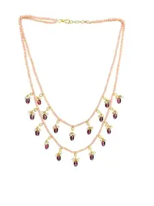 Double Layer Corals Necklace with Pink Crystal Drops, Gold-Plated Pearl Pendants, Peach Corals Chain