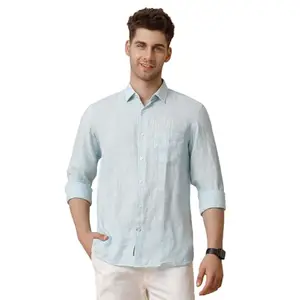 Linen Club Men's Pure Linen Blue Striped Regular Fit Full Sleeve Casual Shirt(Size:-46)-LCSFST0022496