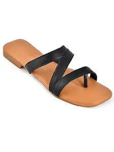 Padvesh Women's Flat Sandals Fashion Slides With Soft Leather Slippers for girls Colour Black - Size - 6