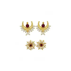 Navadurga Combo Earrings Set – Chandrakor Moon Shape Earrings & Pearl Cluster Flower Studs with Ruby Stone – Traditional Gold-Plated Jewellery for Women & Girls