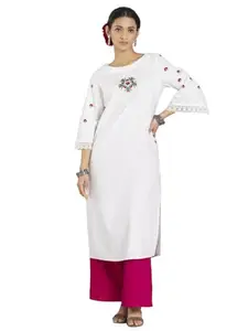 SHAYE White Ethnic 3/4th Sleeves Boat Neck Floral Embroidered Calf Length Kurta for Women