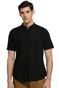 SHOWOFF Men's Short Sleeves Mandarin Collar Solid Black Slim Fit Shirt -OsloLinen-39_Black_5XL