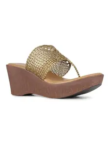 Inc.5 Womens Gold Party Wear Embellished Round Toe Wedges Heel Sandals