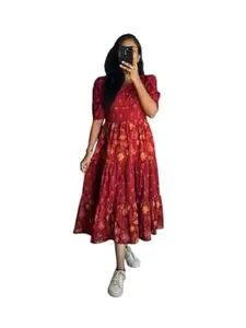 Women's Pure Cotton Maxi Midi Dress Western Dress for Women Elegant Floral Printed Long Dresses | Soft & Breathable Fabric | Casual Trending Dress for Women