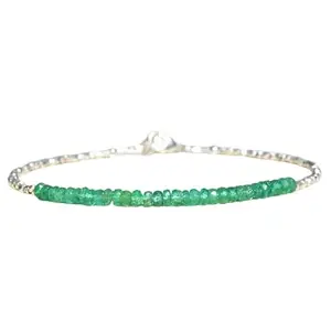 RRJEWELZ Zambian Emerald Rondelle Beaded Bracelet – Faceted 3mm Green Stones with Silver Lock – 7 Inch Adjustable link Bracelet for Men & Women|LCBR_RR_06716