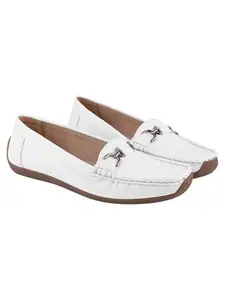 Shoetopia Women's White Loafers Slip-On Comfortable Casual Flats | Soft Sole Driving Shoes with Metal Buckle | Lightweight Daily Footwear Moccasins EU40