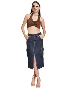 Life With Pockets Women's Straight High Rise Midi Denim Skirt (LPSS24DEN11-14-71-28, Blue, 28)