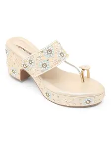 V-WALK Women's Ethnic Block Heels Sandals | Elegant & Embellished Upper With Toe-Ring Closure | Ethnic, Festive Occasions, Shopping, Outdoor Women Heel Sandals | Heel Height: 3 Inches | Gold