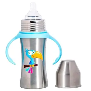 Adore Advance Magnus Printed Stainless Steel Feeding Bottle with Food Grade Anti Colic Silicone Teat & Detachable Twin Handle -250 ml (Parrot)
