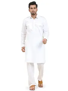 Amazon Brand - Anarva Men's Casual Cotton Blend Traditional Festive Kurta Pajama Set (White, Medium)