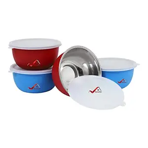 HOMEISH HOMEISH Microwave Safe Stainless Steel Plastic Coated Bowl Set, Serving Bowl of 4 with Lids for Re-Heating, Snacks, Curries, Storage - Red x 2, Blue x 2 (14 cms x 7 cms, Approx. 500 ml Each)