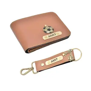 NAVYA ROYAL ART Men's Leather Wallet and Keychain Combo with Personalised Name and Logo on Wallet - Design 1, Tan