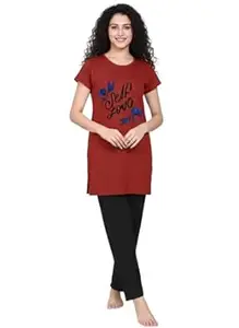 NXTWIN Women’s Printed Cotton Nightwear Set | Short Sleeve Long Top with Pajama | Comfortable Cotton Lounge Wear for Women