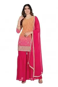 DISHWA FASHION Women's Georgette Bandhani Print & Embroidered Kurta with Sharara & Dupatta Set