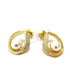 Tear Drop Stud Earrings for Women Fashion, Small Earrings for Women Daily Use - Light Weighted American Diamond stud Jewellery for Girls, Pearl Stud, Gold & White