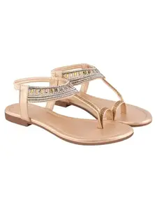 Shoetopia Women's Golden Embellished Toe-Ring Flats | Ethnic Slip-On Sandals for Party, Festive & Wedding EU38