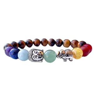 RRJEWELZ Natural 7 Chakra Stone & Tigers Eye 8mm Round Shape Smooth Cut Beads 8 Inch Stretchable Bracelet For Men & Women. Unisex Bracelet For Healing, Meditation, Prosperity & Luck|STBR_RR_09648_8.0