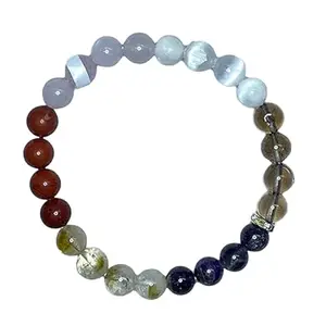 RRJEWELZ Natural 7 Chakra Stone 8mm Round Shape Smooth Cut Beads 7 Inch Stretchable Bracelet For Men & Women. Unisex Bracelet For Healing, Meditation, Prosperity, Gift & Luck|STBR_RR_09624_7.0