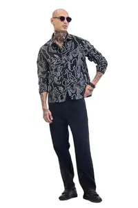 SNITCH Mens Overshirts | Full Sleeve, Cuffed, Spread Collar, Abstract Pattern | Poly Blend, Relaxed Fit, Casual Wear | Black | XS