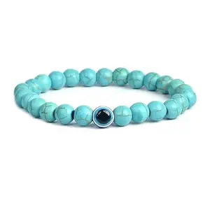 AL AQSA CRYSTAL AND AGATE Unisex Natural Turquoise Crystal Stone 8mm Round Bead Evil Eye Bracelet