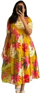 Yellow Floral Print Midi Dress and Kurta, Short Sleeve Fit and Flare Summer Kurta with Gathered Waist