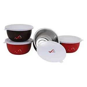 HOMEISH HOMEISH Microwave Safe Stainless Steel Plastic Coated Bowl Set, Serving Bowl of 4 with Lids for Re-Heating, Snacks, Curries, Storage - Red x 2, Brown x 2 (14 cms x 7 cms, Approx. 500 ml Each)