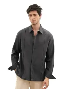 The Souled Store Cotton Linen: Men and Boys Long Sleeve Spread Collar Solid Relaxed Fit Lightweight Easy to Style Everyday Office Wear Cotton Linen Shirt