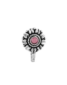Anuradha Art Silver Finish Floral Design Pink Colour Oxidised Finish Nose Ring Pin for Women/Girls
